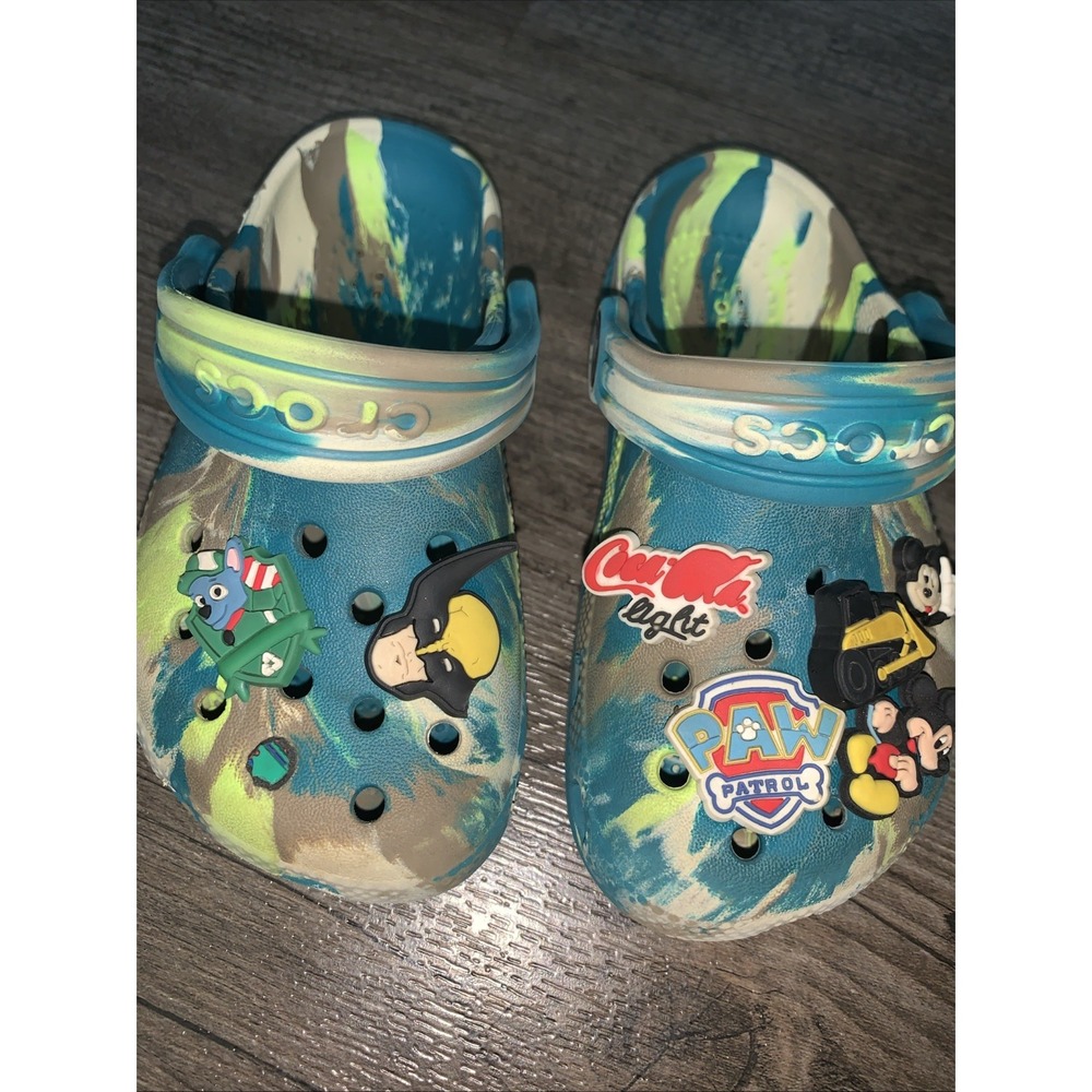 Crocs Toddler Multicolor Marbled Clogs Size 9 Paw Patrol Mickey Mouse Charms